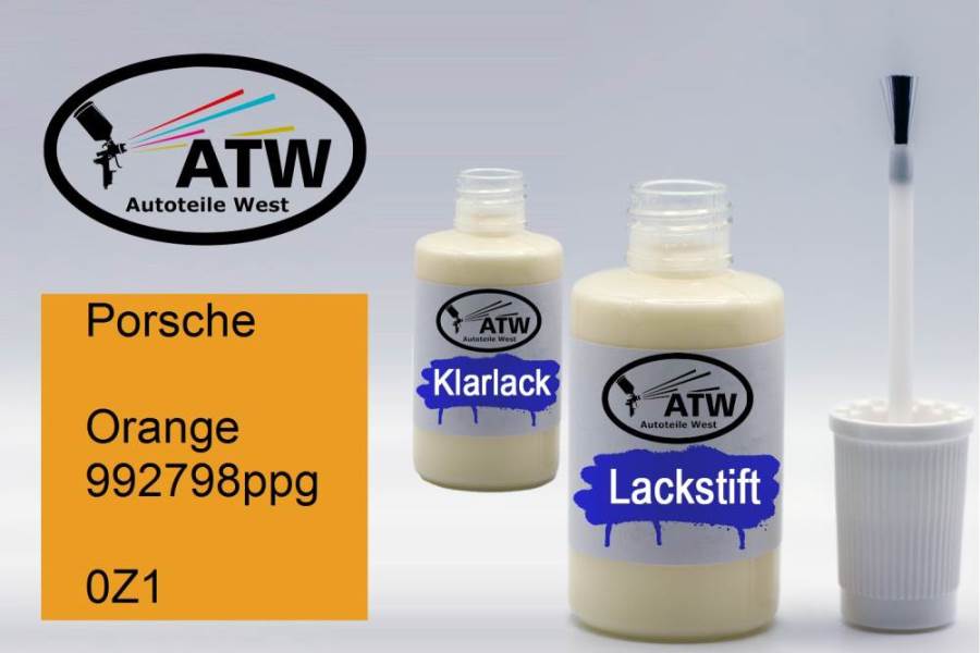 Porsche, Orange 992798ppg, 0Z1: 20ml Lackstift + 20ml Klarlack - Set, von ATW Autoteile West.